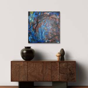Unikat Modernes Abstraktes Acrylbild | Schwarz, Blau, Weiß, Gelb, Silber, Gold, Orange-Pink Canvas Art | 50x50cm Bild 6