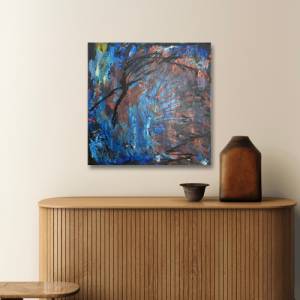 Unikat Modernes Abstraktes Acrylbild | Schwarz, Blau, Weiß, Gelb, Silber, Gold, Orange-Pink Canvas Art | 50x50cm Bild 7