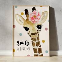 Giraffe Mädchen Kinderbild mit Name, Kinderzimmer Bild,  Poster Deko, Baby Geschenk zur Geburt Bild 1