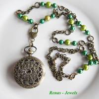 Bettelkette lang grün bronzefarben mit Medaillon Uhr Anhänger Uhren Kette Perlenkette Perlen Uhrenkette Bild 2
