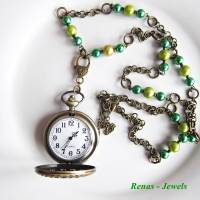 Bettelkette lang grün bronzefarben mit Medaillon Uhr Anhänger Uhren Kette Perlenkette Perlen Uhrenkette Bild 4
