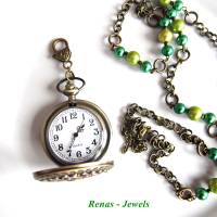Bettelkette lang grün bronzefarben mit Medaillon Uhr Anhänger Uhren Kette Perlenkette Perlen Uhrenkette Bild 6