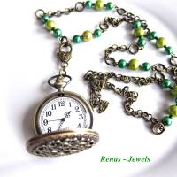 Bettelkette lang grün bronzefarben mit Medaillon Uhr Anhänger Uhren Kette Perlenkette Perlen Uhrenkette Bild 9