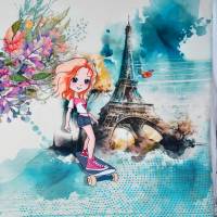♕Jersey Panel Mädchen in Paris Blumen Eifelturm Fahrrad  75 x 150 cm  ♕ Bild 2