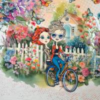 ♕Jersey Panel Mädchen in Paris Blumen Eifelturm Fahrrad  75 x 150 cm  ♕ Bild 4