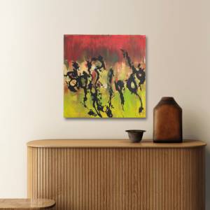 Einzigartiges modernes Abstraktes Acrylgemälde “Salem“ auf Leinwand in Grün, Gelb, Rot, Gold, Schwarz | 50x50cm | Bild 2