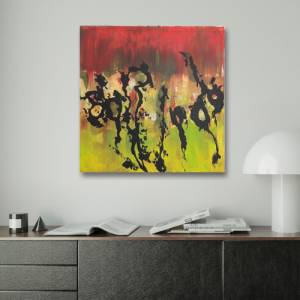 Einzigartiges modernes Abstraktes Acrylgemälde “Salem“ auf Leinwand in Grün, Gelb, Rot, Gold, Schwarz | 50x50cm | Bild 7