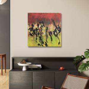 Einzigartiges modernes Abstraktes Acrylgemälde “Salem“ auf Leinwand in Grün, Gelb, Rot, Gold, Schwarz | 50x50cm | Bild 8