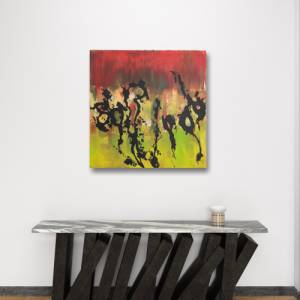 Einzigartiges modernes Abstraktes Acrylgemälde “Salem“ auf Leinwand in Grün, Gelb, Rot, Gold, Schwarz | 50x50cm | Bild 9