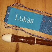 Flötentasche mit Namen, Flötenbeutel personalisierbar - Weltall blau (mit optionalen Zubehörfach / Fütterung / Halsband) Bild 3