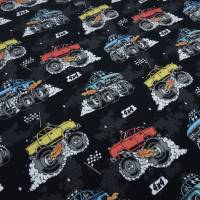 Stoff Baumwolle Jersey Burnout Monstertrucks Autos schwarz bunt Kinderstoff Kleiderstoff Meterware Bild 1