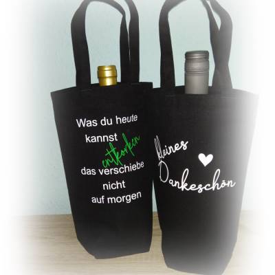 Flaschentasche / Geschenktasche / Flaschenverpackung / Weintasche / Stofftasche, versch. Sprüche