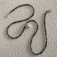 Blaue Turmalinkette mit Perlenanhänger, 40 cm lang, Edelsteinkette Zuchtperlenanhänger exklusives Geschenk Frau Mann, Bild 5