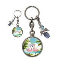 Metall Schlüsselanhänger mit Name und Flamingo Motiv | abnehmbarer Schutzengel in 3 Farben zur Auswahl Bild 1