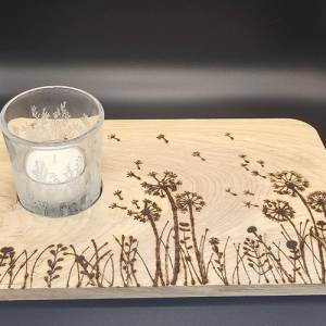 Windlicht, Glas mit Gravur, graviertes Glas, Handarbeit, handgemacht, mit gebrannten Holzbrett, Teelichthalter,Dekoratio Bild 3