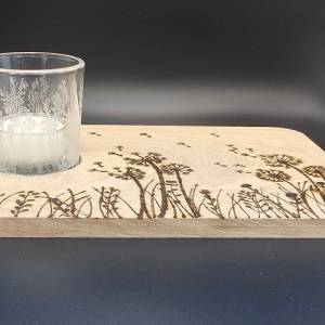 Windlicht, Glas mit Gravur, graviertes Glas, Handarbeit, handgemacht, mit gebrannten Holzbrett, Teelichthalter,Dekoratio Bild 4