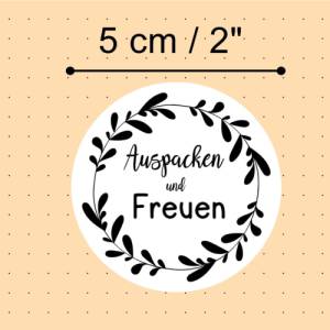 Sticker Aufkleber, AUSPACKEN und FREUEN, Spruch in Blätterkranz, dekorativ modern schwarz weiß, by BuntMixxDESIGN Bild 3