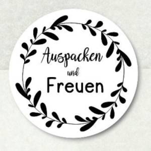 Sticker Aufkleber, AUSPACKEN und FREUEN, Spruch in Blätterkranz, dekorativ modern schwarz weiß, by BuntMixxDESIGN Bild 4