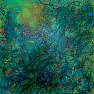Original Kunstwerk, abstraktes Acrylbild „IN THE JUNGLE“ auf Leinwand | 50x50cm | fluoreszierendes Neon Spray | Wanddeko Bild 1