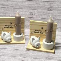Geschenkidee zum Geburtstag „Happy Birthday“ Kerzenhalter Kerze Schweinchen Glücksschwein Schwein Raysin Holz Geschenk Bild 3