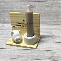 Geschenkidee zum Geburtstag „Happy Birthday“ Kerzenhalter Kerze Schweinchen Glücksschwein Schwein Raysin Holz Geschenk Bild 6
