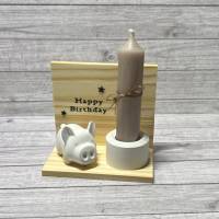 Geschenkidee zum Geburtstag „Happy Birthday“ Kerzenhalter Kerze Schweinchen Glücksschwein Schwein Raysin Holz Geschenk Bild 7
