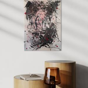 Abstraktes Gemälde auf Leinwand | „Creatures in the Night“ Serie #4 | 50x70cm | schwarz weiß rot silber gold | original Bild 3