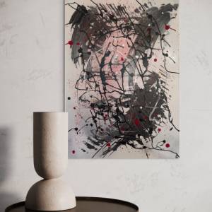 Abstraktes Gemälde auf Leinwand | „Creatures in the Night“ Serie #4 | 50x70cm | schwarz weiß rot silber gold | original Bild 4