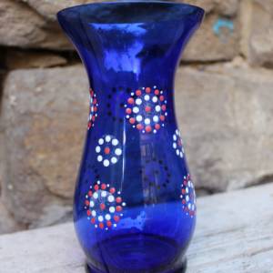 Vase blaues Glas Emaillefarben Handbemalt Blumendekor 60er 70er Jahre DDR Bild 2