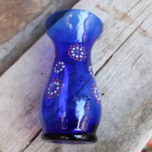 Vase blaues Glas Emaillefarben Handbemalt Blumendekor 60er 70er Jahre DDR Bild 4
