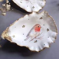 handgefertigte Dekoration aus einer Auster,  Decoupagetechnik & Handmalerei • Rotkehlchen Robin • Set o. Einzeln a Bild 1