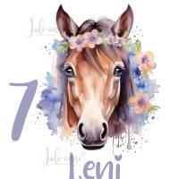 Bügelbild GEBURTSTAG Aquarell Pferd mit Blumen (1) personalisiert Zahl & Name Bild 1