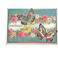 Nostalgie Postkarte Schmetterlinge Blumen Liebe Grüße Grußkarte Glitter Bild 1