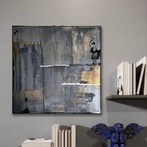 Einzigartige moderne abstrakte Acrylmalerei | Schwarz, Grau, Silber, Gold, Anthrazit Leinwand Kunst|50x50cm Bild 1