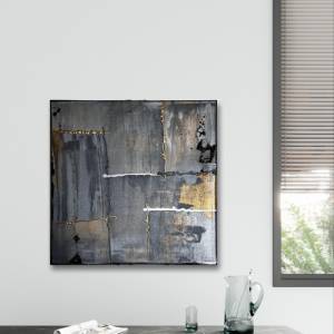 Einzigartige moderne abstrakte Acrylmalerei | Schwarz, Grau, Silber, Gold, Anthrazit Leinwand Kunst|50x50cm Bild 5
