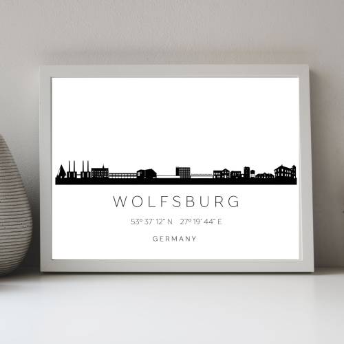 Poster WOLFSBURG SKYLINE mit Koordinaten | Heimat Stadt | Stadtposter | Personalisiert | Sehenswürdigkeiten Geschenk Kun