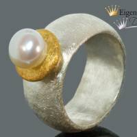 Goldschmiede Perlenring "white pearl" in 925er Sterling Silber mit Teilvergoldung, Perlenschmuck, Ring mit Perl Bild 1