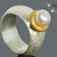Goldschmiede Perlenring "white pearl" in 925er Sterling Silber mit Teilvergoldung, Perlenschmuck, Ring mit Perl Bild 3