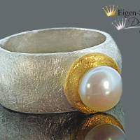 Goldschmiede Perlenring "white pearl" in 925er Sterling Silber mit Teilvergoldung, Perlenschmuck, Ring mit Perl Bild 5
