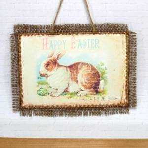 Ostern Bild Hase Küken Eier Happy Easter Deko Wandbild Textilbild Jute braun Fransen handmade by BuntMixxDESIGN Bild 2