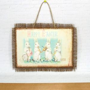 Ostern Bild Hase Küken Eier Happy Easter Deko Wandbild Textilbild Jute braun Fransen handmade by BuntMixxDESIGN Bild 5
