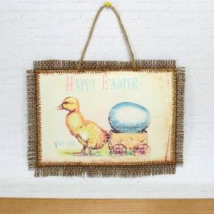 Ostern Bild Hase Küken Eier Happy Easter Deko Wandbild Textilbild Jute braun Fransen handmade by BuntMixxDESIGN Bild 6