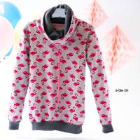 Kinder Hoodie Größe 134, Mädchen Sweatshirt hellgrau pink, Hoodie mit Wickelkragen, Kinderpullover mit Kragen, Flamingos Bild 1