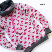 Kinder Hoodie Größe 134, Mädchen Sweatshirt hellgrau pink, Hoodie mit Wickelkragen, Kinderpullover mit Kragen, Flamingos Bild 2