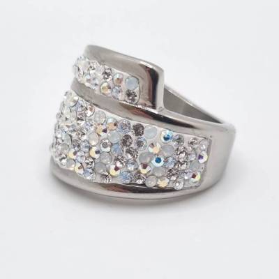 Breiter Edelstahl Ring Kristalle Crystal AB White Opal  (SCR53)