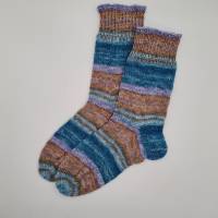 Gestrickte dickere Socken in blau braun lila, Gr. 42/43, Stricksocken,Kuschelsocken aus 6 fach Sockenwolle handgestrickt Bild 1