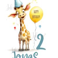 Bügelbild GEBURTSTAG Giraffe mit Luftballon *personalisiert Zahl & Name Bild 1