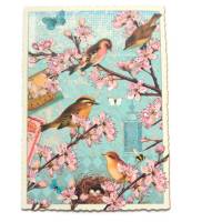 Nostalgie Postkarte Vögel auf Kirschblütenzweigen Glitterpostkarte Glückwunschkarte Bild 1