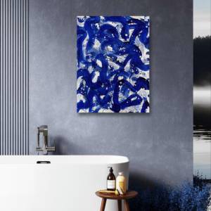 Abstrakte Wellen Malerei - Originale Acryl Kunst - 60x80cm - Wanddekor - Interieur - blau, weiß, gold, schwarz - Wasser, Bild 2