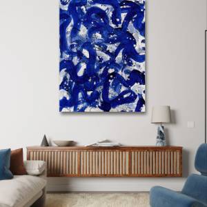 Abstrakte Wellen Malerei - Originale Acryl Kunst - 60x80cm - Wanddekor - Interieur - blau, weiß, gold, schwarz - Wasser, Bild 5